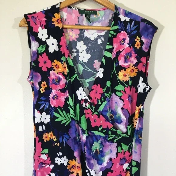 Lauren Ralph Lauren‎ Bright Floral Suplice Drapey Moc Wrap Midi Dress - Picture 3 of 7